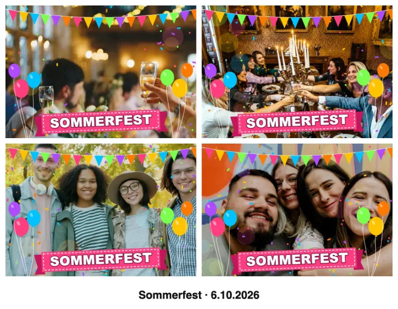 Fotobox-Collage im Postkartenformat mit Party-Effekt und Bildunterschrift